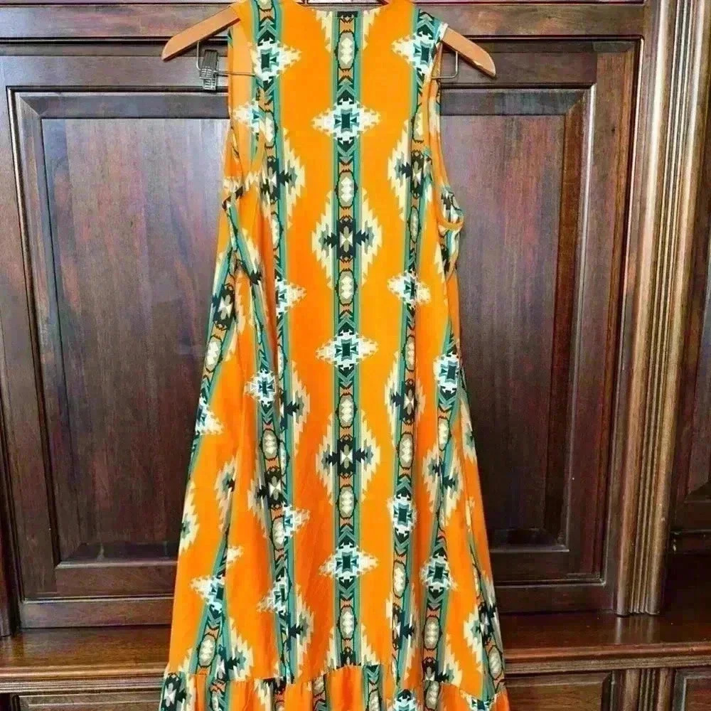 Turquoise Haven Long Rayon Kimono S/M Orange Teal Aztec / Western Wear Design - Picture 9 of 12